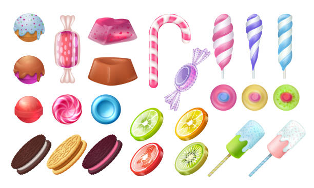 ilustrações, clipart, desenhos animados e ícones de lollipops e doces. doces redondos do chocolate e do toffee, marshmallow do bonbon do caramelo e gummy. o vetor geléias doces realístico ajustado - flavored ice lollipop candy affectionate