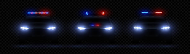 Realistic police headlights. Car glowing led light effect, rare and front siren flare, red and blue police light. Vector 3d set Realistic police headlights. Car glowing led light effect, rare and front siren flare, red and blue police light. Vector illustration 3d set police lights stock illustrations