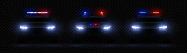 Vector illustration of Realistic police headlights. Car glowing led light effect, rare and front siren flare, red and blue police light. Vector 3d set