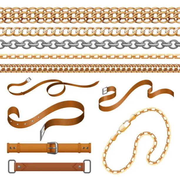Vector illustration of 1904.m30.i030.n007.P.c25.1221071986 Chains and braids. Bracelets leather belts and golden furniture elements, ornamental jewellery set. Vector fabric and buckle set