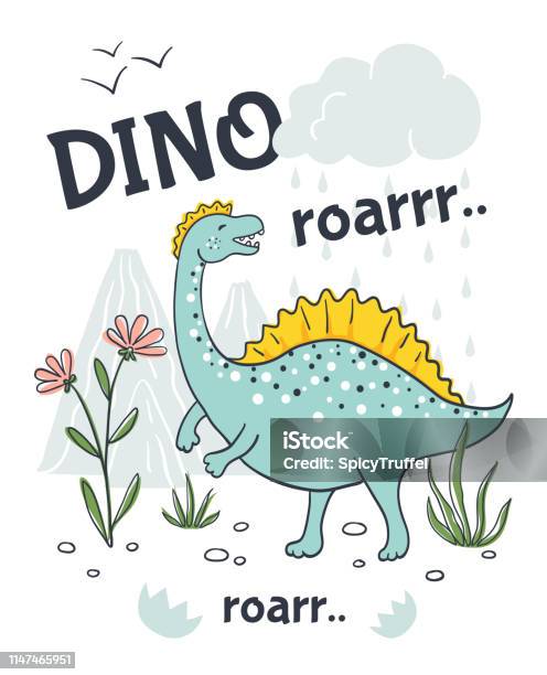 Doodle Dinosaur Poster Cute Cartoon Animal Character Hand Drawn Friendly Baby Dragon Vector Sketch Print Design Stock Illustration - Download Image Now