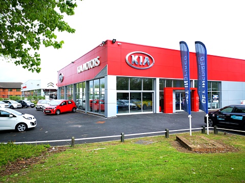 Swansea, UK: May 06, 2019: Kia Motors showroom and office building. Headquartered in Seoul, Kia is South Korea's second-largest automobile manufacturer.