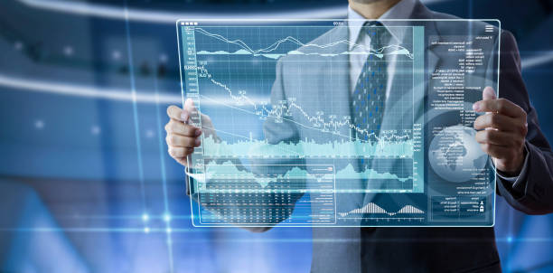 istock Futuristic touch screen in modern business information 1147468345