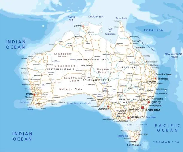 Vector illustration of High detailed Australia road map with labeling.