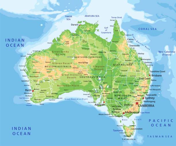 ilustraciones, imágenes clip art, dibujos animados e iconos de stock de alto mapa físico detallado de australia con el etiquetado. - australia map