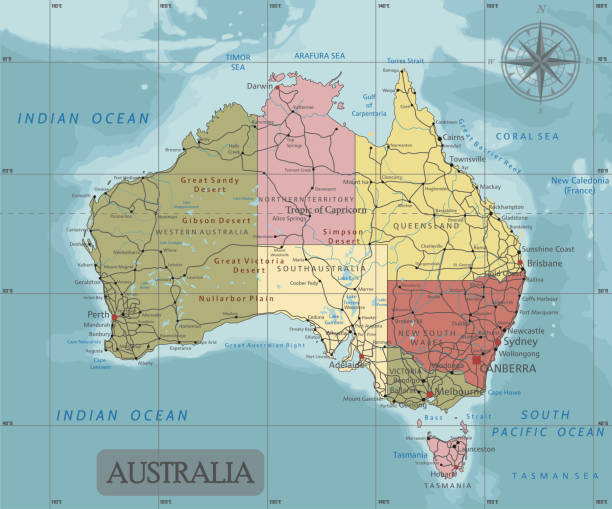 Detailed Australia Political map in Mercator projection Detailed Australia Political map in Mercator projection. Clearly labeled. Separated layers. australia cartography map queensland stock illustrations