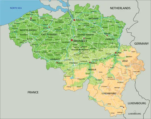 Vector illustration of High detailed Belgium physical map with labeling.