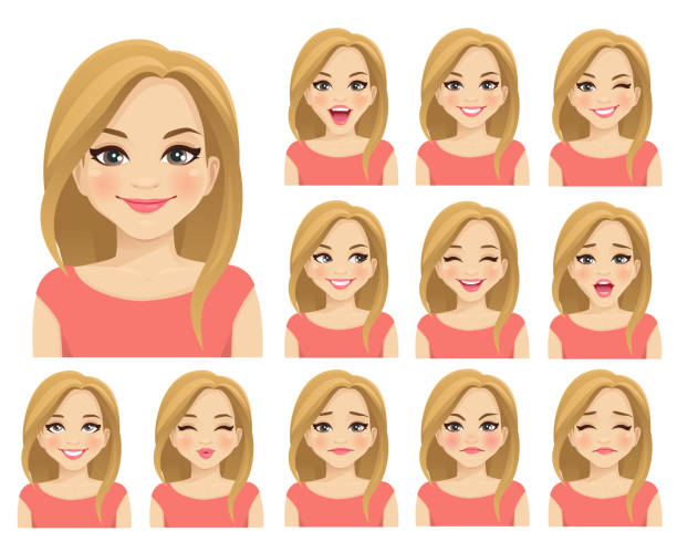 Woman expressions set Blond woman with different facial expressions set isolated blonde hair stock illustrations