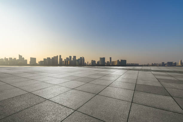 istock empty brick floor with cityscape and skyline at twilight 1147474755