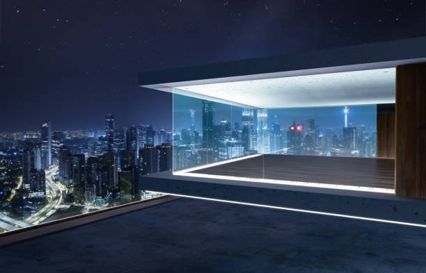 istock Empty glass wall balcony with city skyline view 1147474850