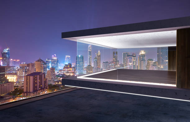 istock Empty glass wall balcony with city skyline view 1147475227