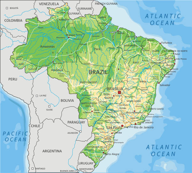 ラベル付きの高詳細なブラジルの物理マップ。 - brazil map rio de janeiro sao paulo点のイラスト素材／クリップアート素材／マンガ素材／アイコン素材