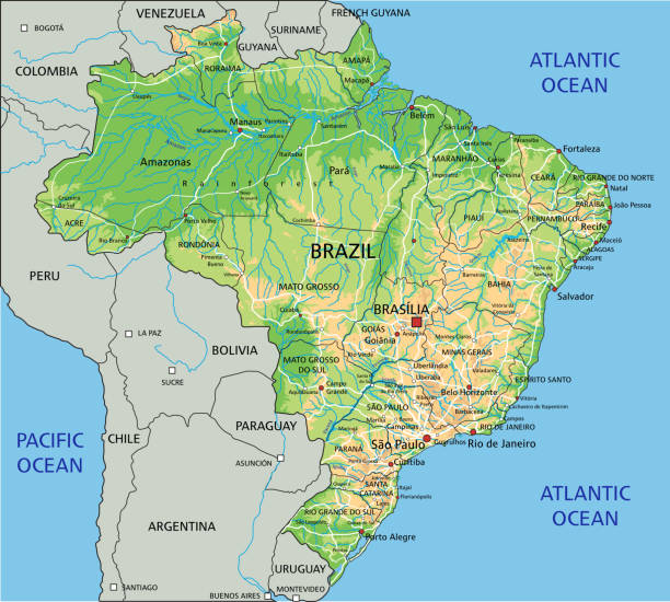ilustraciones, imágenes clip art, dibujos animados e iconos de stock de mapa físico alto detallado de brasil con etiquetado. - brazil map rio de janeiro sao paulo