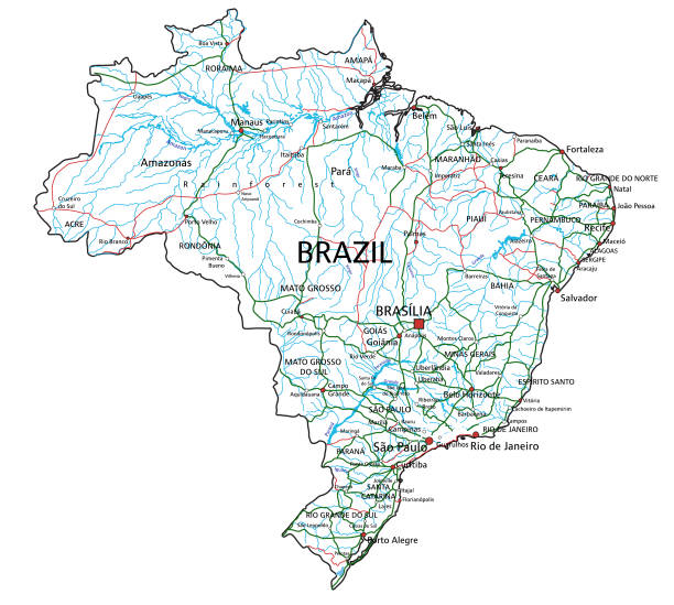 ラベル付きの高詳細なブラジルの道路地図。 - brazil map rio de janeiro sao paulo点のイラスト素材／クリップアート素材／マンガ素材／アイコン素材