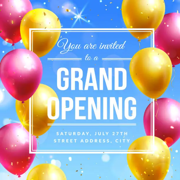 Vector illustration of Grand opening invitation banner with colorful balloons. Vector.