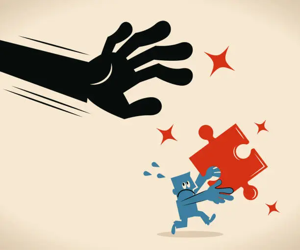 Vector illustration of Big hand catching an escaping businessman holding a Jigsaw Piece