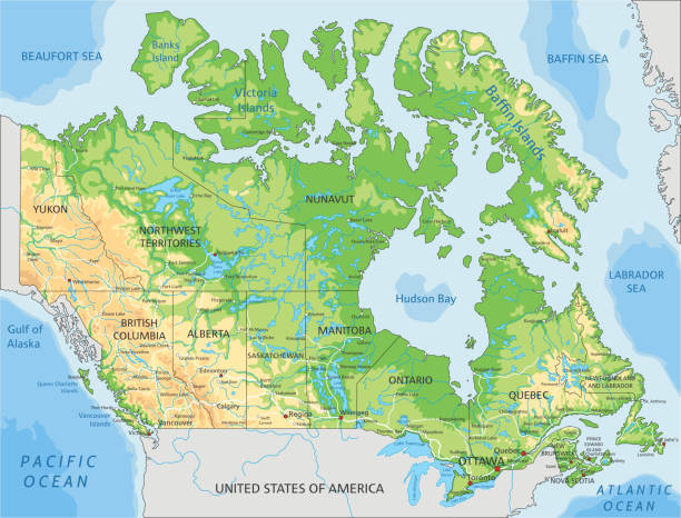 высокая подробная канадская физическая карта с маркировкой. - physical geography illustrations stock illustrations