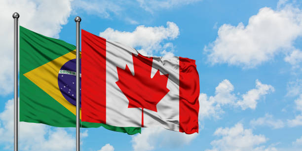 Brazil and Canada flag waving in the wind against white cloudy blue sky together. Diplomacy concept, international relations. Brazil and Canada flag waving in the wind against white cloudy blue sky together. Diplomacy concept, international relations. consul photos stock pictures, royalty-free photos & images