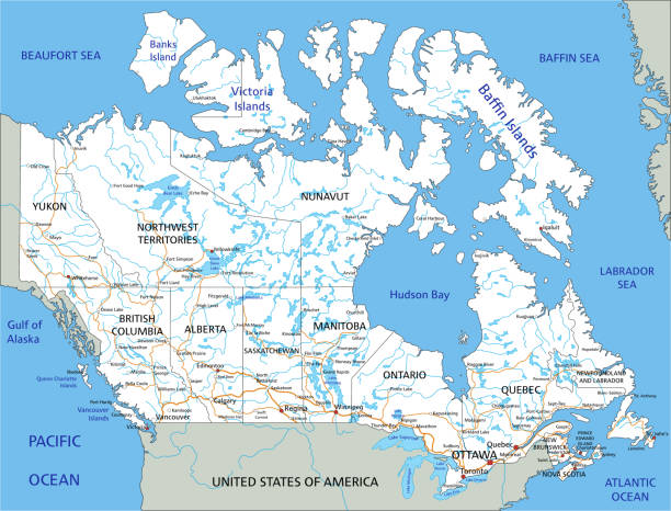 High detailed Canada road map with labeling. High detailed Canada road map with labeling. Organized vector illustration on seprated layers. east vancouver stock illustrations