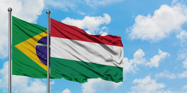 Brazil and Hungary flag waving in the wind against white cloudy blue sky together. Diplomacy concept, international relations. Brazil and Hungary flag waving in the wind against white cloudy blue sky together. Diplomacy concept, international relations. consul photos stock pictures, royalty-free photos & images