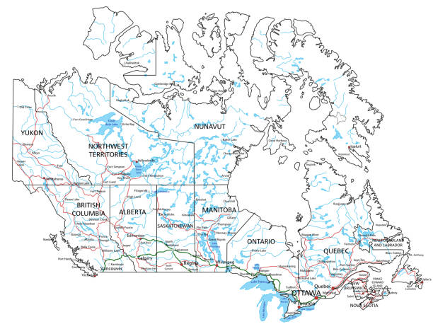 Canada road and highway map. Vector illustration. Canada road and highway map. Vector illustration. Organized vector illustration on seprated layers. british columbia map cartography canada stock illustrations