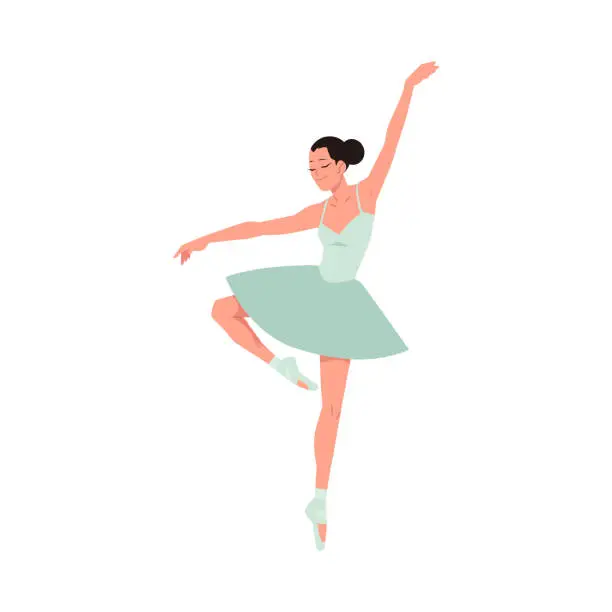 Vector illustration of Young ballerina in tutu and pointe shoes dancing isolated on white background.