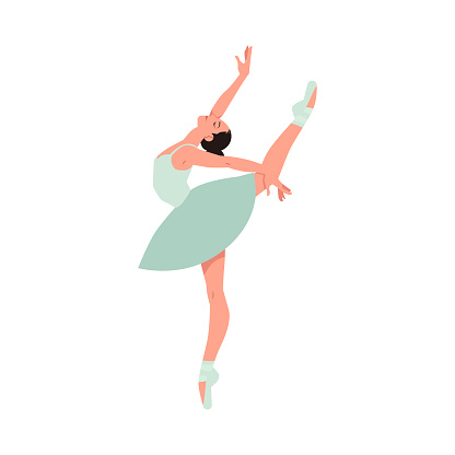 Vector elegant ballerina in green tutu dress, dancing on pointe shoes. Female beautiful classic theater dancer character on isolated background. Ballet artist illustration