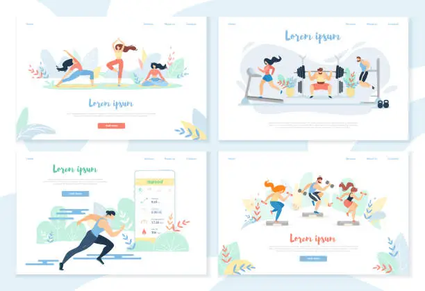 Vector illustration of Yoga, Exercising in Gym, Running Sprinter Distance