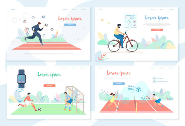 ÐÐ»Ñ ÐнÑеÑнеÑа People Doing Sports Activity with Smart Gadgets Horizontal Banner Set. Male, Female Character Running, Driving Bicycle, Playing Football, Tennis. Technologies in Sport Cartoon Flat Vector Illustration men watching soccer game stock illustrations