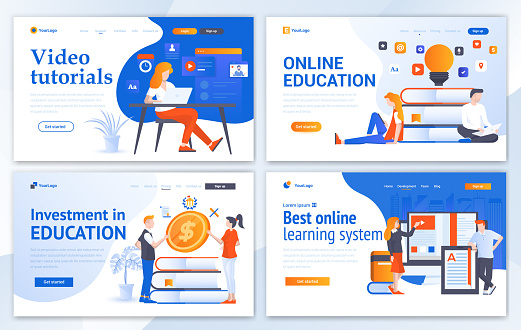 Set of Landing page design templates for Online Education, Video Tutorials, Investment in education and Best online learning system. Easy to edit and customize. Modern Vector illustration concepts for websites