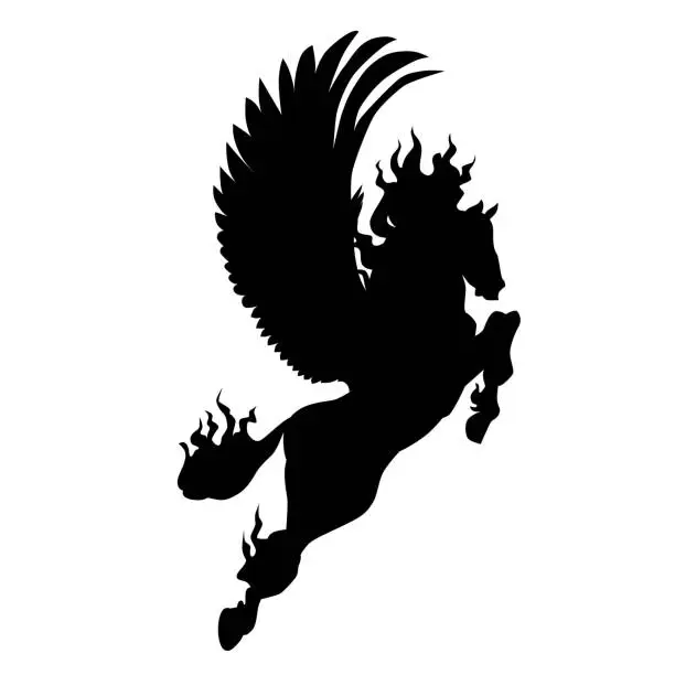 Vector illustration of Silhouette of pegasus. Pegasus vector illustration. Magical, mystical animal illustration.