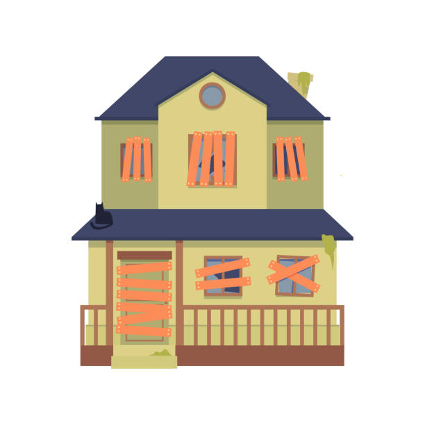 Vector old abandoned green two-storey house with boarded up windows, a door in flat cartoon style. Old abandoned green house with boarded up windows, a door in flat cartoon style. Isolated vector illustration on white background. Flat two-storey, double decker house, cottage with fence. damaged fence stock illustrations