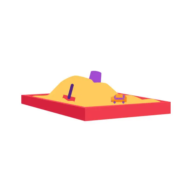 Vector illustration of Red sandbox with pile of sand and children toys in flat style.