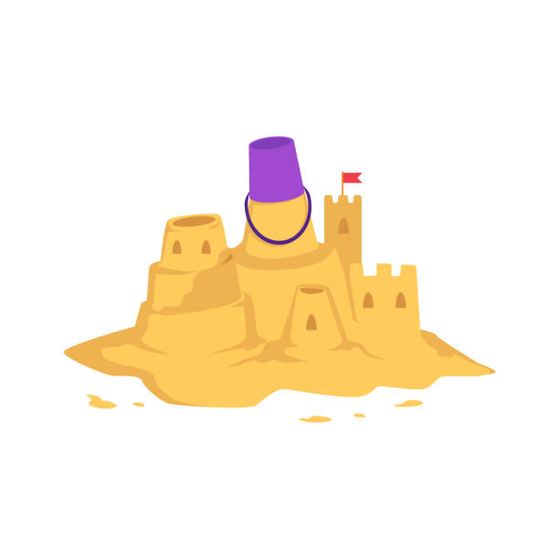 Sandcastle with kid toy bucket and little red flag in flat style. Sandcastle with kid toy bucket and little red flag in flat style isolated on white background - vector illustration of castle with tower made from yellow sand for summer seashore recreation concept. sandbox stock illustrations