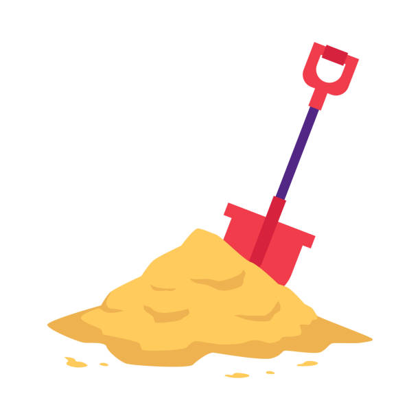 Sand heap with red shovel in flat style isolated on white background. Sand heap with red shovel in flat style isolated on white background - vector illustration of big pile of crumbly powder. Yellow sandy mound for building, beach leisure or kid game concept. shovel in sand stock illustrations