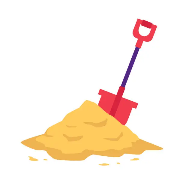 Vector illustration of Sand heap with red shovel in flat style isolated on white background.