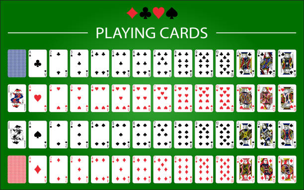 poker-karten-set, isoliert auf grünem hintergrund - kartenspiel stock-grafiken, -clipart, -cartoons und -symbole