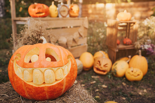 Calabazas fantasma en Halloween. EAD Jack en un fondo de otoño. Decoraciones de vacaciones al aire libre photo