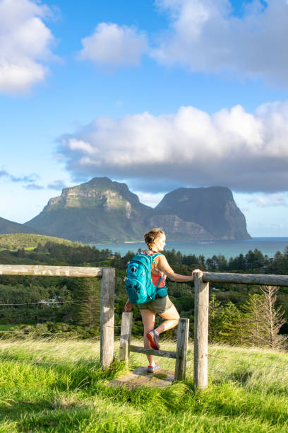 opinião do por do sol da noite do console subtropical de lord howe no mar de tasman, pertencendo a austrália. mt lidgbird e mt gower no fundo. opinião traseira o caminhante fêmea novo bonito com a trouxa em uma cerca - lord howe island - fotografias e filmes do acervo