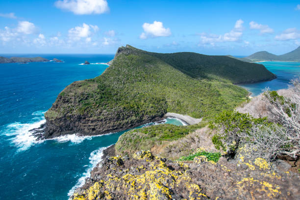 vista della costa nord dell'isola di lord howe, nuovo galles del sud, australia, vista dalla cima del monte eliza. malabar hill sullo sfondo. lord howe island è una popolare destinazione turistica. - lord howe island foto e immagini stock