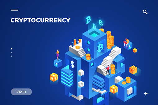 Isometric illustration for cryptocurrency and blockchain technology,  crypto money and financial block, digital currency and coin stack.