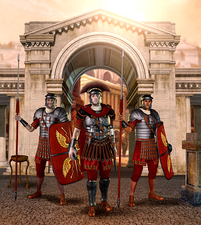 Entrance gate to the ancient eternal city of Rome guarded by soldiers, 3d render
