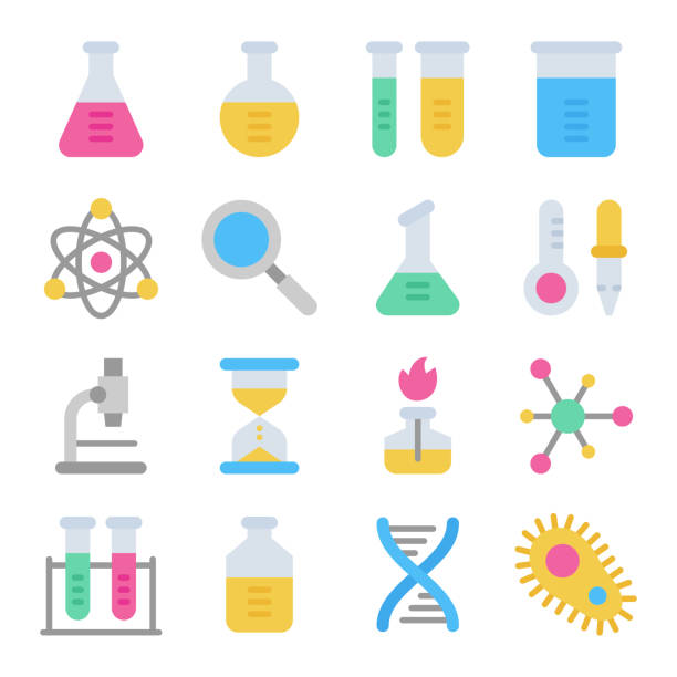 illustrazioni stock, clip art, cartoni animati e icone di tendenza di set di icone vettoriali colorate del laboratorio di scienze chimiche - beaker flask laboratory glassware research