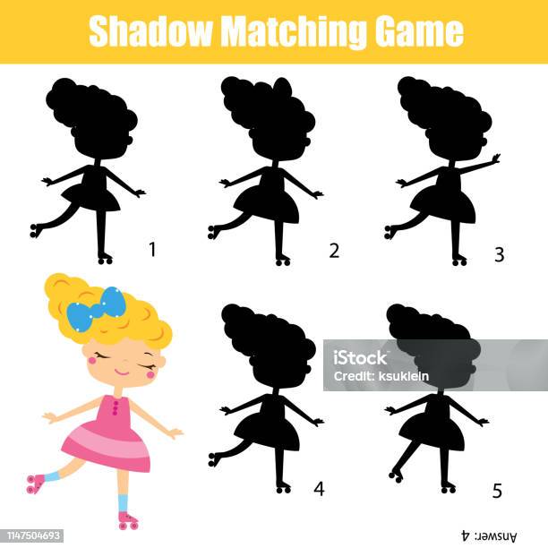 Shadow Matching Game Find Silhouette Of Roller Skating Girl Activity For Toddlers And Pre School Age Kids Stock Illustration - Download Image Now