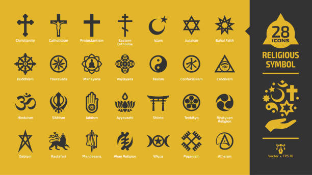 Religious symbol icon set on a yellow background with christian cross, islam crescent and star, judaism star of david, buddhism wheel of dharma, rastafari lion religion glyph sign. Religious symbol icon set on a yellow background with christian cross, islam crescent and star, judaism star of david, buddhism wheel of dharma, rastafari lion religion glyph sign. dharmachakra stock illustrations