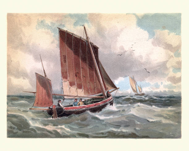 традиционные рыбацкие люггерные лодки в море, 19 век - illustration and painting retro revival sailboat antique stock illustrations