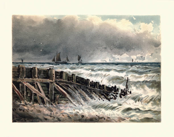 Vintage painting of Old Groin (Groyne) at Hastings, Old Breakwater and storm out at sea, 19th Century, by Walter William May