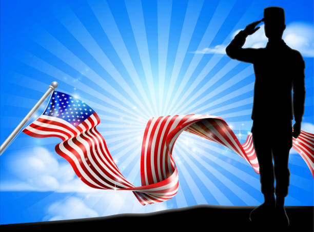 ilustraciones, imágenes clip art, dibujos animados e iconos de stock de american flag soldado saludando fondo - veteran military armed forces saluting