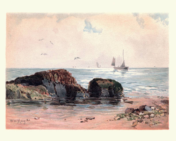 ilustrações de stock, clip art, desenhos animados e ícones de art, costal landscape, rocks at low water, 19th century - coastline