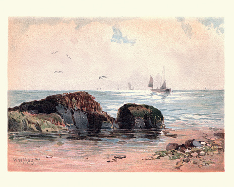 Vintage painting of Rocks at low water, 19th Century, by Walter William May